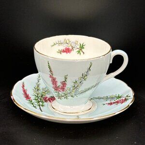 Vintage Foley Bone China Pale Blue Highland Heather Teacup and Saucer Set